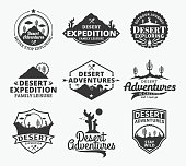 Set of vector desert adventures labels. Desert wild nature icons for tourism organizations, outdoor adventures and camping leisure.