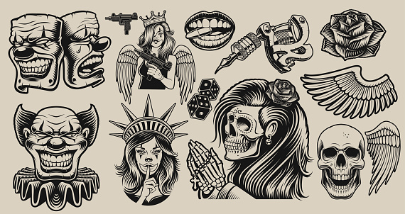 Set of vector design elements for tattoo theme