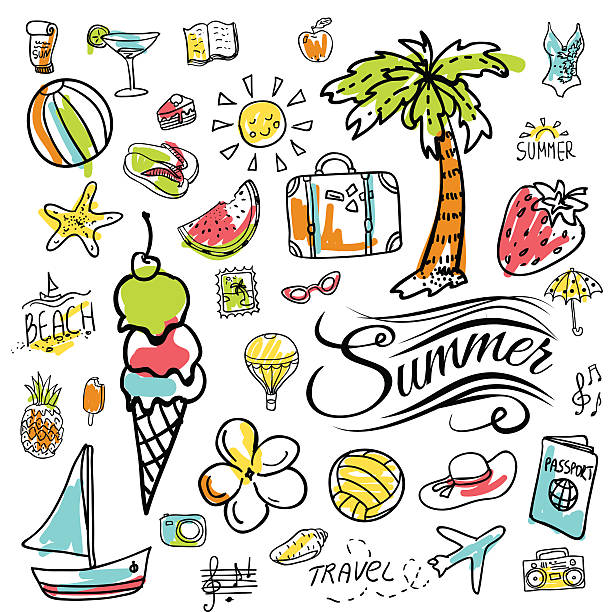 stockillustraties, clipart, cartoons en iconen met set of  vector doodle summer icons - ice swimming