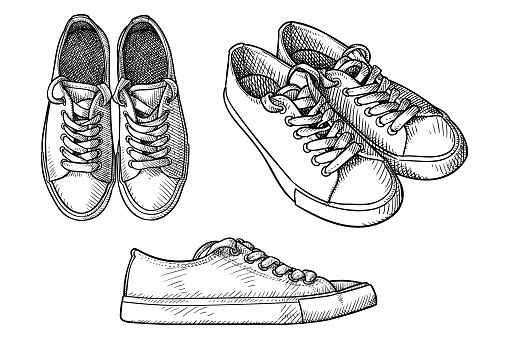 Set of vector drawings of a pair of trainers shoes