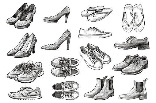 Set of vector drawings of various shoes