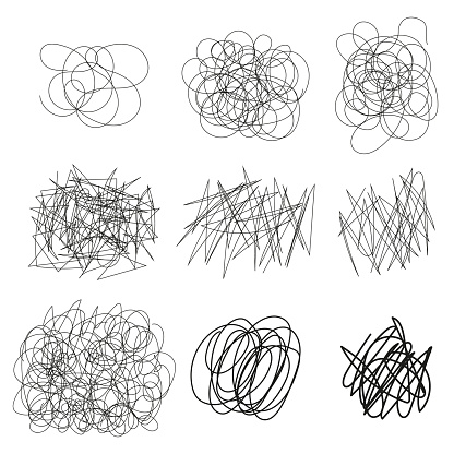 Set of vector drawn tangles, lines, circles, ellipses Doodle sketch. Black line abstract scribble shape. Vector tangled chaotic doodle circle and square scribble drawing. Thread clew knot isolated on white background. Eps.