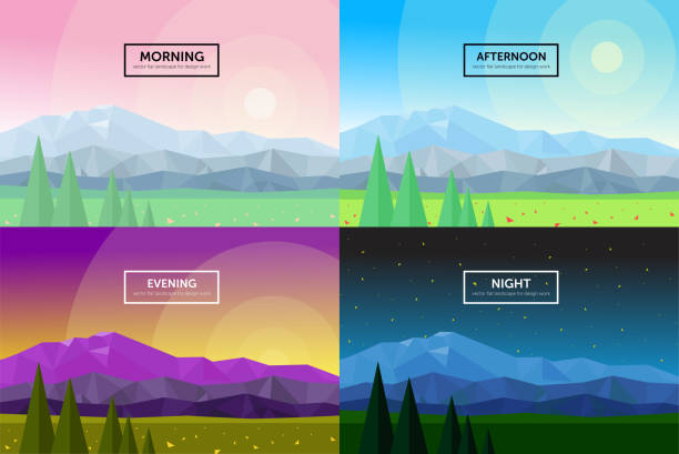 set of vector flat illustrations of temporal days: morning, day, evening, night, beautiful landscapes of triangular mountains, flowers, sky, stars, trees, nature  panorama set of vector flat illustrations of temporal days: morning, day, evening, night, beautiful landscapes of triangular mountains, flowers, sky, stars, trees, nature  panorama dusk stock illustrations
