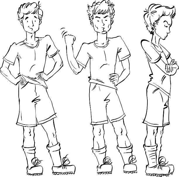 Set of vector full-length hand-drawn Caucasian teens, black Set of vector full-length hand-drawn Caucasian teens, black and white front and side view sketch of an angry youngster threatening the fist, monochrome illustration of standing adolescent with hand crossed on chest, akimbo. black and white football clipart pictures stock illustrations