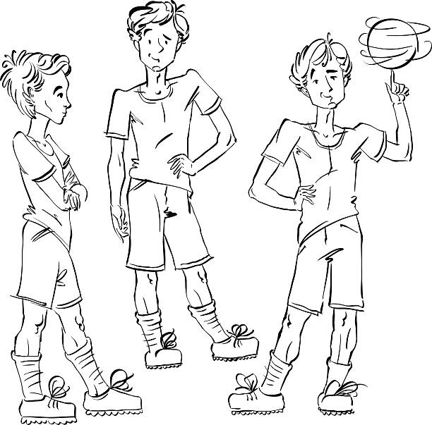 Set of vector full-length hand-drawn Caucasian teens Set of vector full-length hand-drawn Caucasian teens with a soccer ball, black and white front and side view sketch of youngsters, monochrome illustration of standing boys. Teenager with a spinning soccer ball on his finger. black and white football clipart pictures stock illustrations