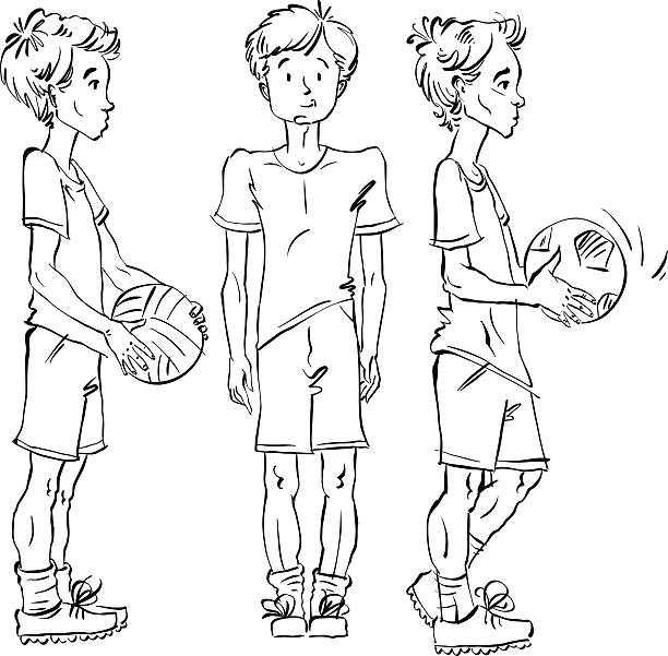 Set of vector full-length hand-drawn Caucasian teens Set of vector full-length hand-drawn Caucasian teens with a soccer ball, black and white front and side view sketch of youngsters, monochrome illustration of standing boys. black and white football clipart pictures stock illustrations