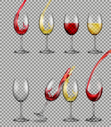 Set of vector illusions of transparent glass glasses with red and white wine.