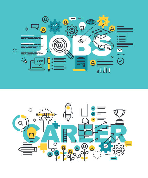 Set of vector illustration concepts of words jobs and career Set of modern vector illustration concepts of words jobs and career. Thin line flat design banners for website and mobile website, easy to use and highly customizable. recruitment designs stock illustrations