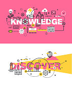 Set of modern vector illustration concepts of words knowledge and discover. Thin line flat design banners for website and mobile website, easy to use and highly customizable.