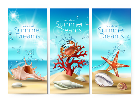 Set of vector illustrations, banners of a summer sandy beach with seashells, pebbles, starfish, crab and coral