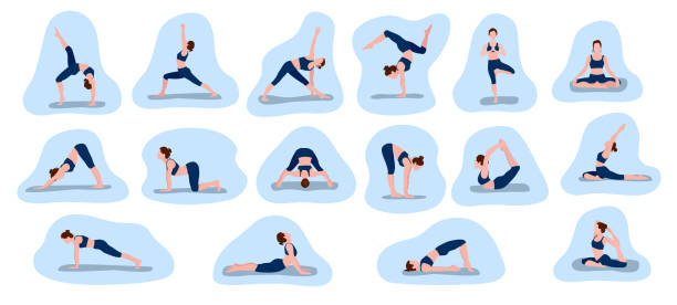 set von vektor-illustrationen, die eine sportliche junge frau bei yoga und fitness-übungen darstellen. eine sammlung weiblicher charaktere, die verschiedene yoga-posen vor blauem hintergrund zeigen. - yoga poses stock-grafiken, -clipart, -cartoons und -symbole
