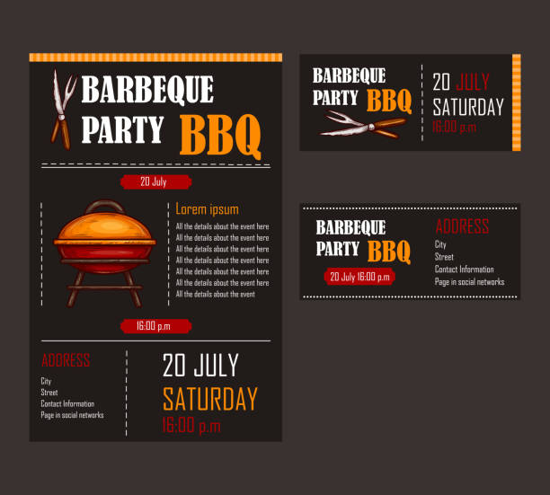 satz von vektor-illustrationen einer bbq-menü vorlage einladungskarte auf einem grill, geschenkgutschein - garden party suit stock-grafiken, -clipart, -cartoons und -symbole