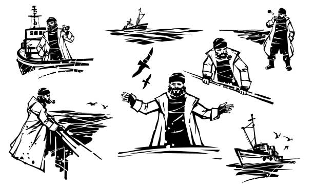 ilustrações de stock, clip art, desenhos animados e ícones de set of vector illustrations of a sailor with a pipe - fisherman