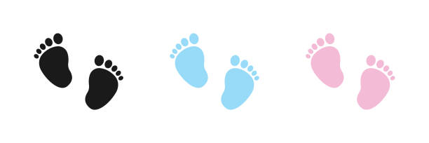 嬰兒步的向量插圖集 - 平坦風格中的黑色、粉紅色和藍色腳印對 - 競走賽 插圖 幅插畫檔、美工圖案、卡通及圖標