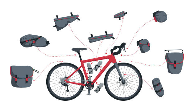 Set of vector illustrations of bags for a tourist bike.Kit of bikepacking bags. Touring bike, gravel bike. Set of vector illustrations of bags for a tourist bike.Kit of bikepacking bags. Touring bike, gravel bike. A saddle bag, a frame bag, a handlebar bag, a bag on the front and rear trunk. Bicycle bottle cycling clipart stock illustrations