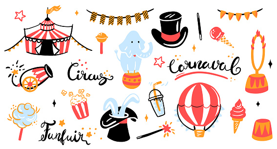 A set of vector illustrations of the circus. elephant. tent, ice cream, popcorn. doodle, hand drawing.