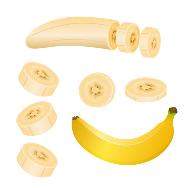 Set of vector illustrations of yellow banana and banana pieces. Set of vector illustrations of yellow banana and banana pieces isolated on white background. banana stock illustrations