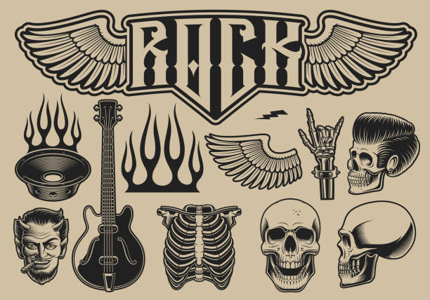 Set of vector illustrations on the theme of rock roll Set of vector illustrations on the theme of rock roll on a light background skulls tattoos stock illustrations