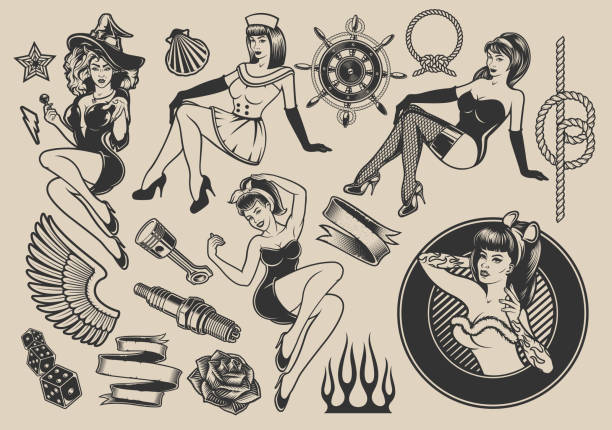 Set of vector illustrations with girls with elements for design Set of vector illustrations with girls with elements for design on the themes of pin-up girls, marine design, rockabilly, Halloween. pin up girl stock illustrations