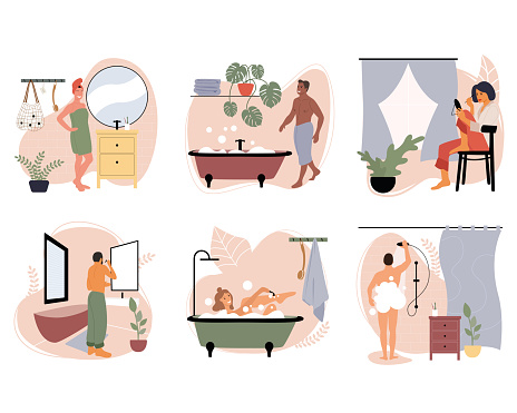 Set of vector illustrations with people doing hygiene and household daily routine in the bathroom. Self-care, self-love, body care. Flat vector illustration.