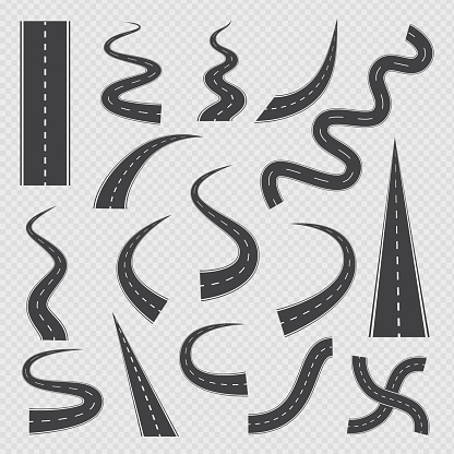 A set of isolated icons winding and crossroads highways and roads with white markings. Curve asphalt roadway for drive, direction of way for trip and travel. Vector illustrations