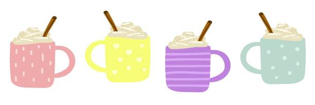Set of Vector multi-colored cozy cups with hot drinks Set of Vector multi-colored cozy cups with hot drinks isolated on a white background. Pink, violet, blue, yellow holiday ornamented cups with coffee, eggnog, cocoa, chocolate, cream, cinnamon, spices eggnog stock illustrations