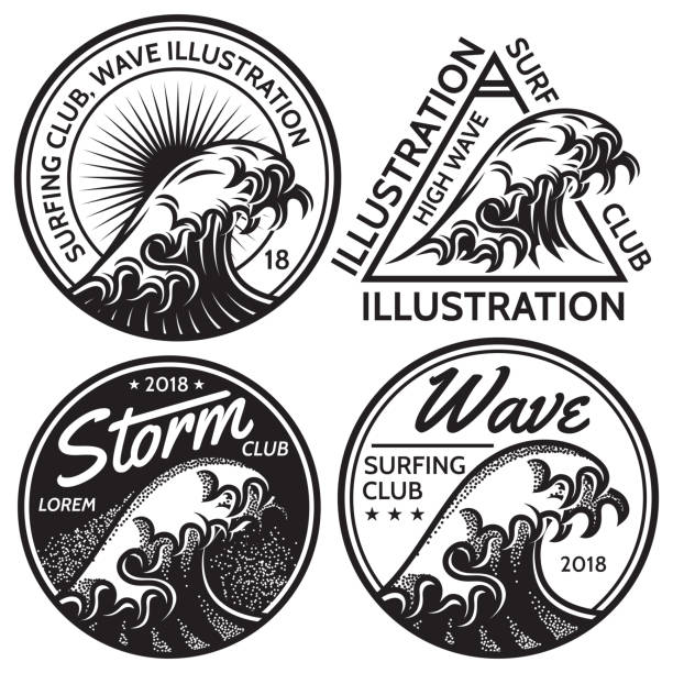 набор векторных моделей для дизайна на тему воды, серфинга, океана, моря - tsunami stock illustrations