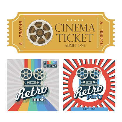 Set of vector posters and retro design of a movie ticket.