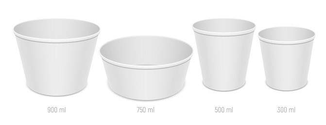 Set of vector realistic blank disposable food containers. Different sizes of paper open empty dishes for takeaway food packaging.