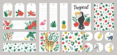 Set of vector summer gift tags, labels, pre-made designs, bookmarks with tropical animals, plants, flowers, fruit. Funny exotic card templates with cute jungle characters.