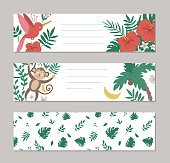 Set of vector summer horizontal layout card templates with tropical animals, plants, flowers, fruit. Funny exotic pre-made designs with cute jungle characters and pattern.