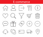 set of vector thin linear e-commerce icons internet store shopping online black on white background
