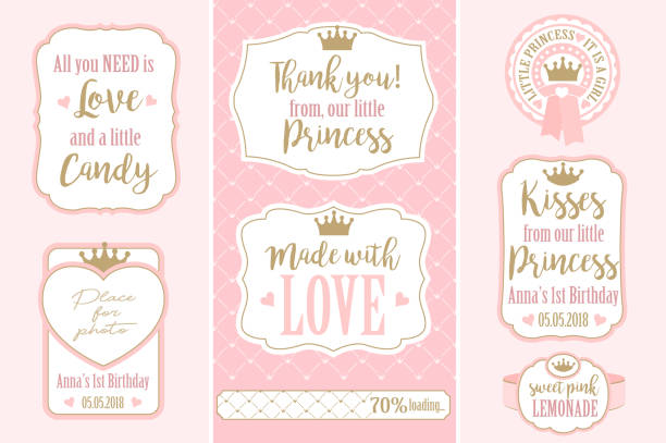 Set of vector vintage frames. Templates gift tags for royal party( wedding, baby and bridal shower, birthday) Candy wrappers, stickers, labels for little princess sweet table. Golden crown and pink pregnant patterns stock illustrations