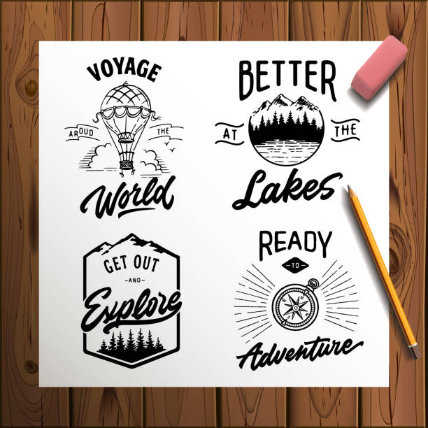ilustraciones, imágenes clip art, dibujos animados e iconos de stock de conjunto de logotipos dibujados a mano vectoriales vintage con elementos de letras en tablones de madera - lago