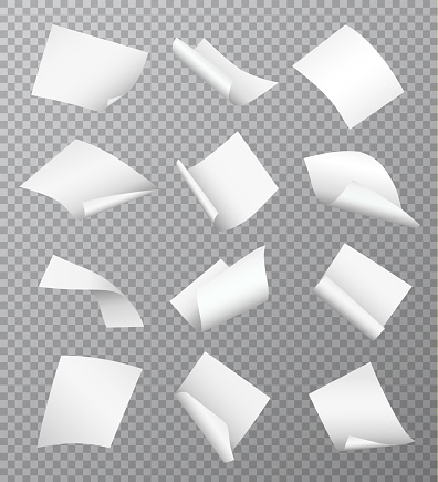 Set of vector white empty papers flying or falling in different positions with curled and twisted edges isolated on transparent background