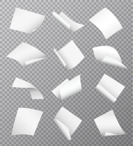 Set of vector white empty papers flying or falling in different positions with curled and twisted edges isolated on transparent background Set of vector white empty papers flying or falling in different positions with curled and twisted edges isolated on transparent background flying stock illustrations