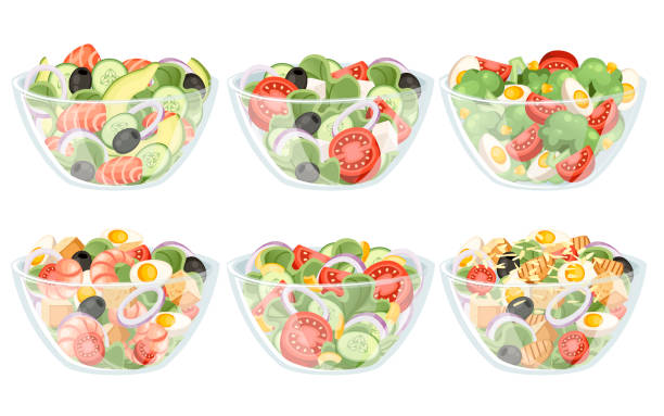 farklı malzemelerle sebze salatası seti. şeffaf kase salata. taze sebze karikatür simge tasarım gıda. beyaz arka planda izole düz vektör illüstrasyon - salad stock illustrations