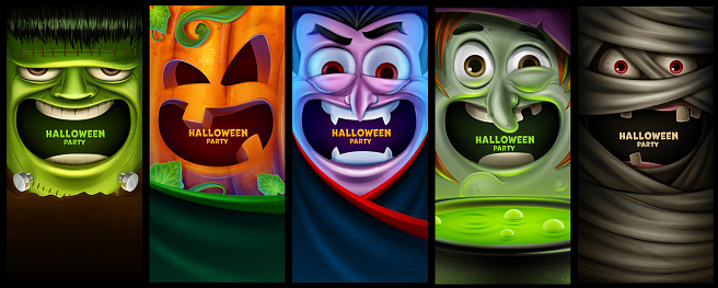 set of vertical banners for halloween with scary characters
