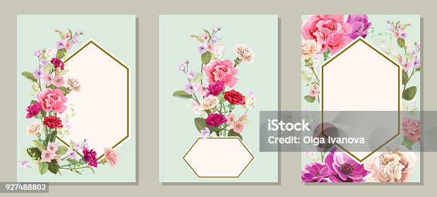 istock Set of vertical cards for Mother's Day with carnation, poppy, spring blossom: red, pink, white flowers, leaves, vintage background, botanical illustration, watercolor style, polygonal frame, vector 927488802