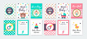 Set of vertical greeting cards and invitation for girl and boy baby shower. It’s a girl. Place for text
