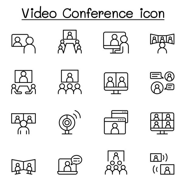 視頻會議線路圖示集。包含在線會議、業務溝通、團隊、課堂、在線教育、演示、在家工作等圖示。向量插圖形設計 - 新聞發布會 幅插畫檔、美工圖案、卡通及圖標