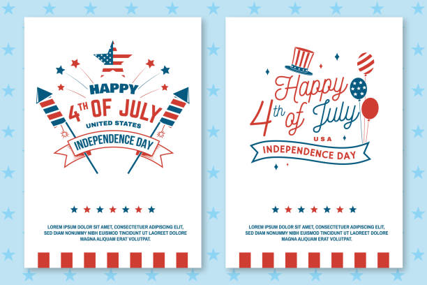 7 월 포스터, 전단지, 템플릿, 카드, 7 월 4 일 펠리소클래식 엽서의 빈티지 4 일 세트. 독립 기념일 인사말 카드입니다. 웹 사이트 템플릿에 대한 애국 배너. 벡터 그림입니다. - independence day stock illustrations