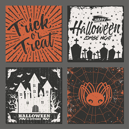 Set of vintage/grunge squared greeting cards for Halloween. Textured and weathered greeting cards.