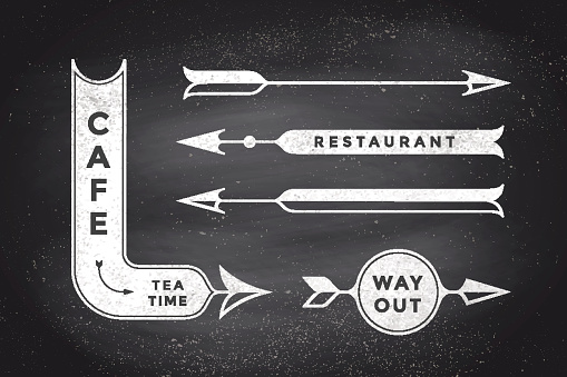 Set of vintage arrows and banners with text Cafe, Way Out, Restaurant. Design elements of set arrow for navigation. Retro style arrow on black chalkboard background. Vector Illustration