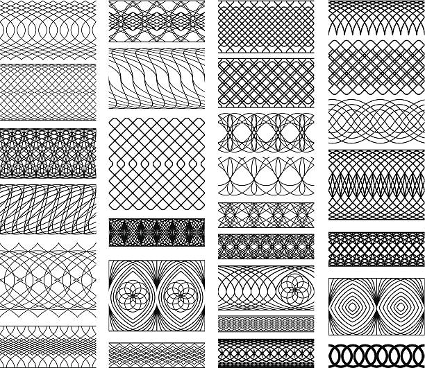 Set of Vintage backgrounds, Guilloche ornamental Element Set of Vintage backgrounds, Guilloche ornamental Element for Certificate, Money, Diploma, Voucher, decorative round frames. security designs stock illustrations