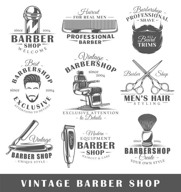 一套老式理髮店標籤 - 剪髮師 幅插畫檔、美工圖案、卡通及圖標