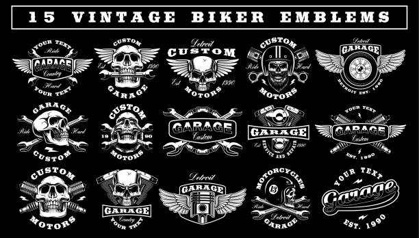 Set of Vintage Biker Emblems Big set of vintage motorcycle emblems on dark background. Perfect for the shirt designs, biker clothes, and many other. Text is on the separate group. garage clipart stock illustrations