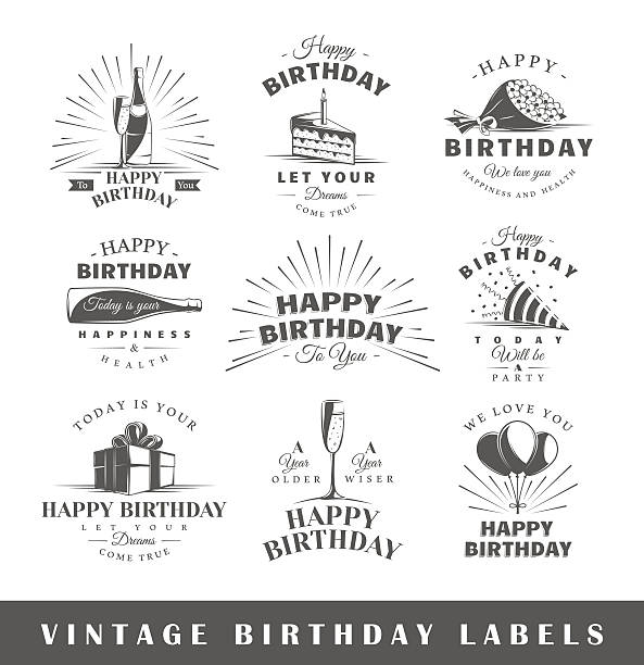 Set of vintage birthday labels Set of birthday labels. Elements for design on the birthday theme. Collection of birthday symbols: cake, hat, balloons. Modern labels of birthday. Vector illustration happy birthday wine bottle stock illustrations