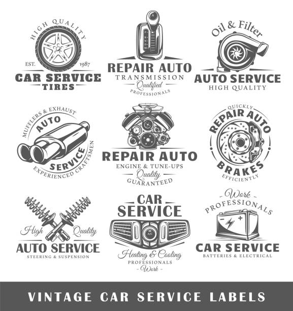 Set of vintage car service labels Set of vintage car service labels. Templates for the design of icons and emblems. Collection of car service symbols: tire, engine, muffler. Vector illustration exhaust pipe stock illustrations
