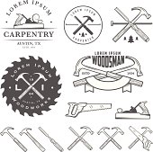 Set of vintage carpentry tools, labels and design elements.